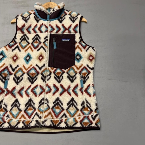 Patagonia Deep Pile Retro X Aztec Cream Zip Up Sherpa Fleece Vest Women's XL - Picture 2 of 8